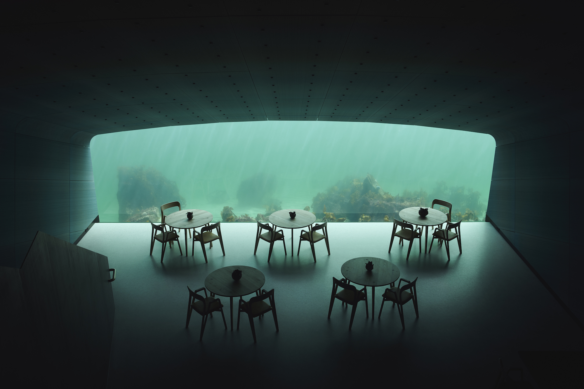 Under’s massive dining room window offers a view of the seabed as it changes throughout seasons and varying weather conditions.